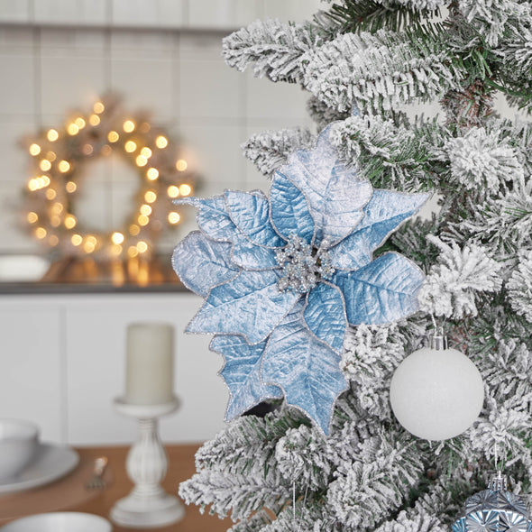 POINSETTIA CLIP GLITTER BLUE 22.5CM - X2714LTBL (Box of 12)