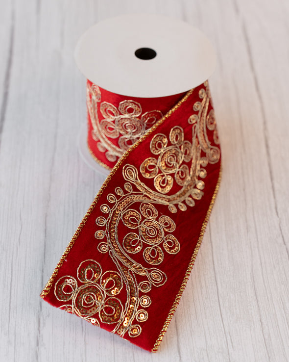 RIBBON JACQUARD RED 10cm(W) 2.74m(L) - X3285 (Box of 8)