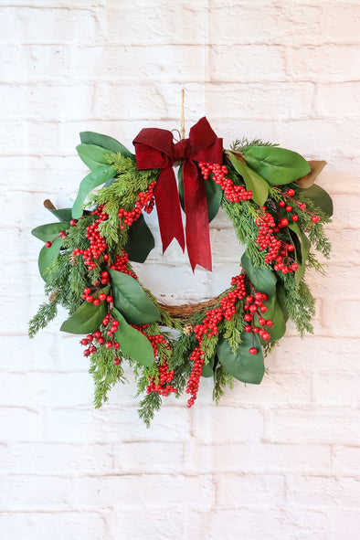 BERRY CEDAR WREATH GREEN RED 40CM - X3441 (Box of 2pcs)
