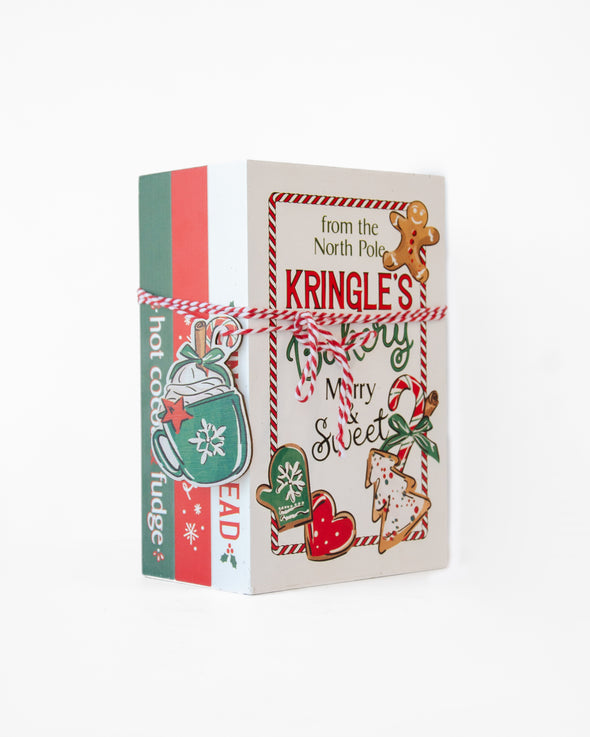 KRINGLE'S BAKERY CHRISTMAS BOOK STACK TABLE PIECE  RED WHITE GREEN - X3872 (Box of 6 pcs)