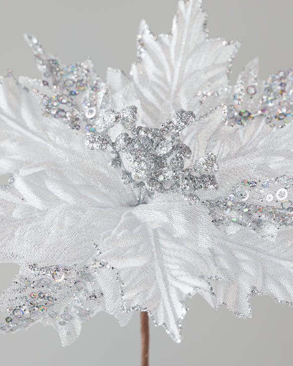 POINSETTIA PICK SEQUIN SILVER 25CM - X2905 (Box of 60)